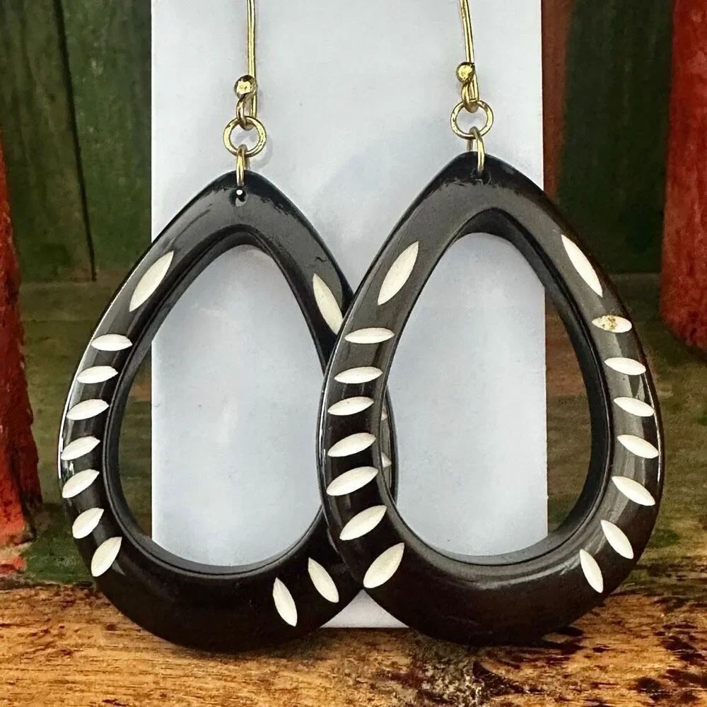 Boho Hand-Carved Horn & Bone Inlay Teardrop Earrings